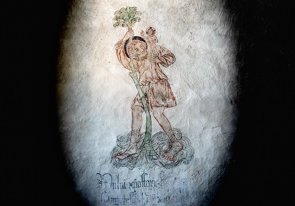 Den hellige Kristoffer på kalkmaleri i Väte kirke på Gotland