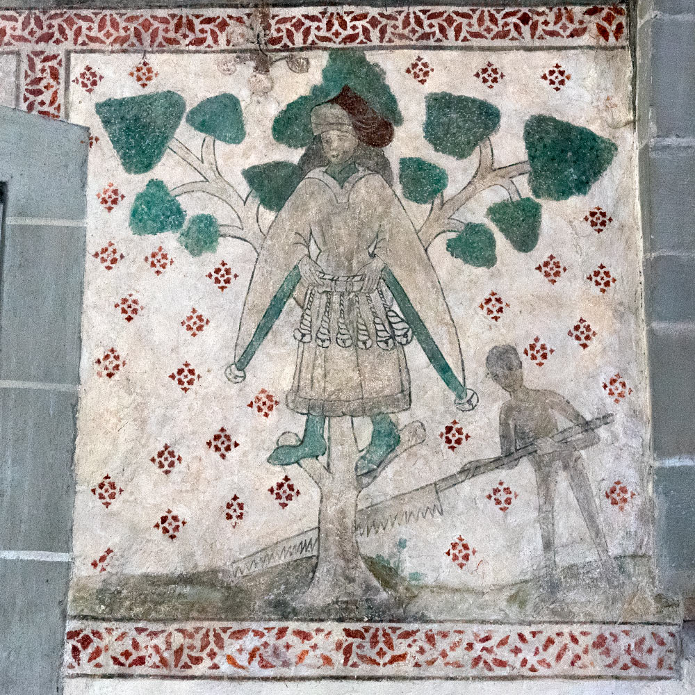 Memento mori: Kalkmaleri (1400-tallet) i Öja kirke på Gotland som viser Døden i ferd med å sage ned livstreet til «Öjamannen».