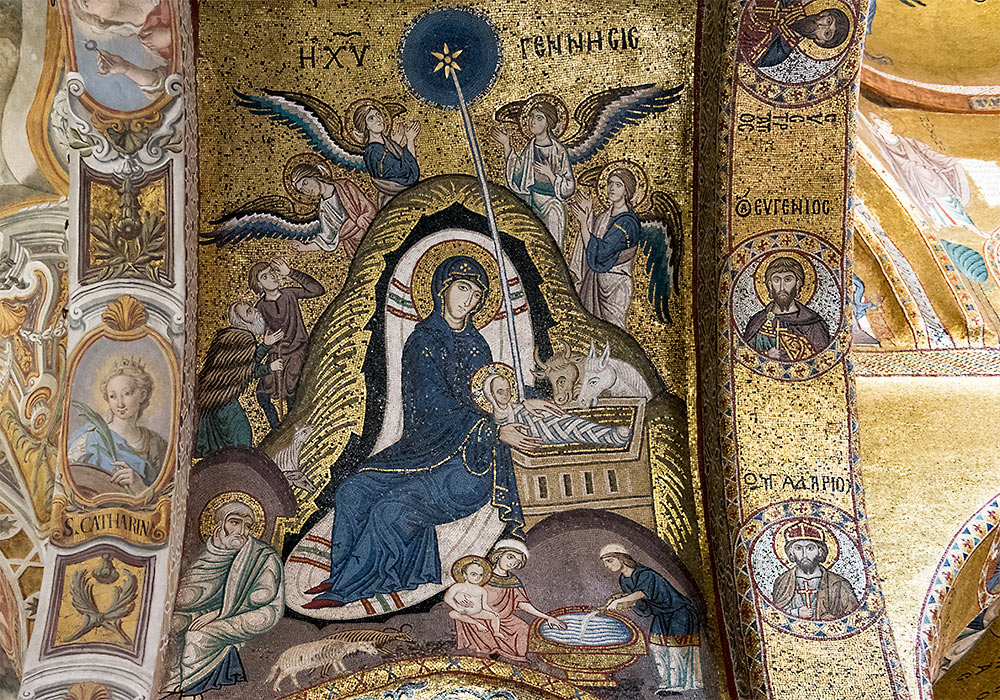 Jesu fødsel. Mosaikk i kirken som kalles la Martorana i Palermo på Sicilia.