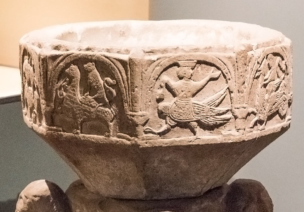 Døpefont (sent 1100-tall) i Öja kirke, nå Gotlands Museum i Visby