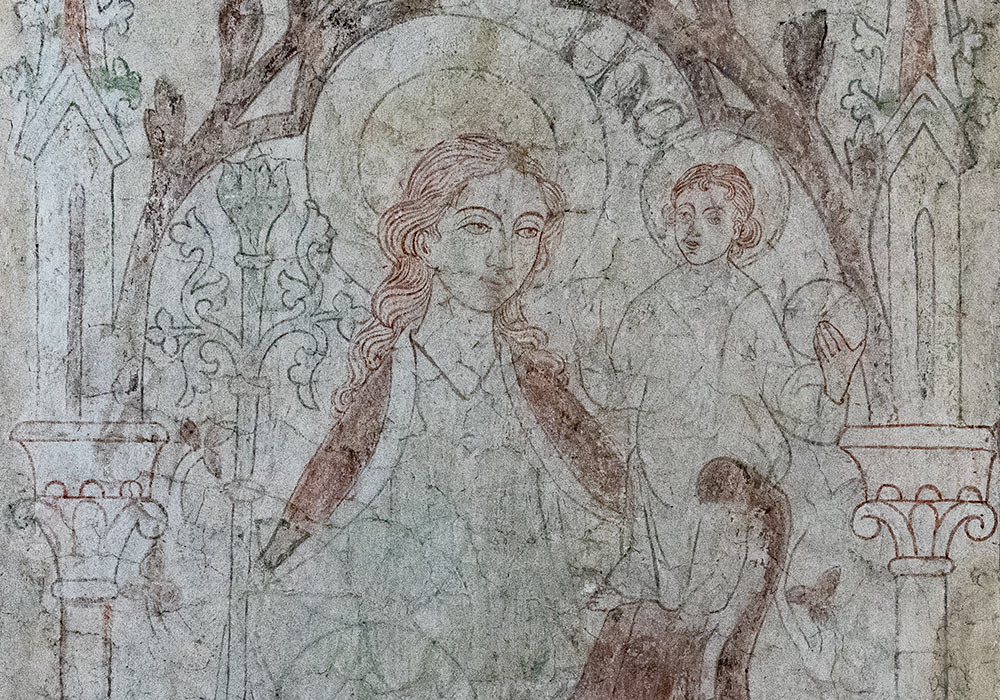 Othem kirke, Gotland: Maria og Jesusbarnet. Detalj av kalkmaleri av «osedvanligt hög klass» (Lagerlöf og Svahnström) fra begynnelsen av 1300-tallet.