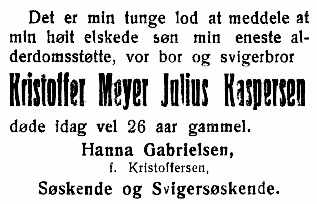 Dødsannonse fra 1918 i Tromsø Stiftstidende 
