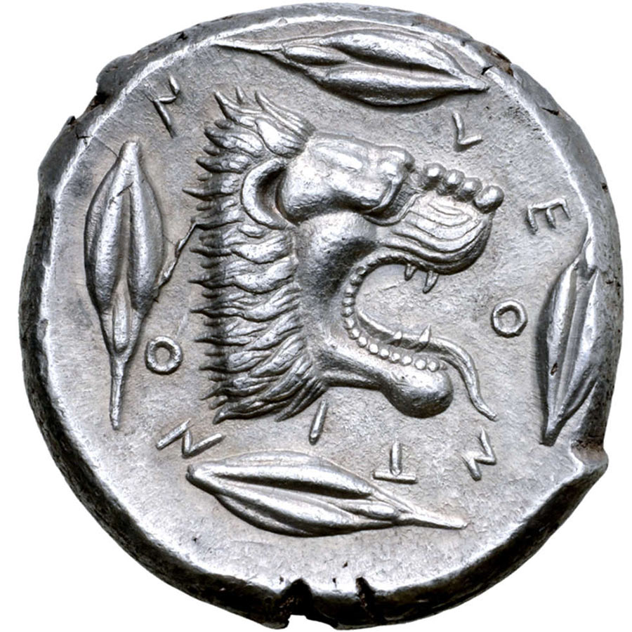 Løven på en mynt fra Leontini på Sicilia ca. 455-440 f.Kr.