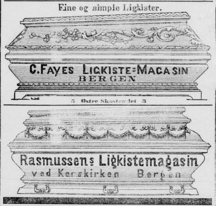 Annonse for C. Fayes Ligkiste-Magasin og Rasmussens Ligkistemagasin ved Korskirken i Bergen